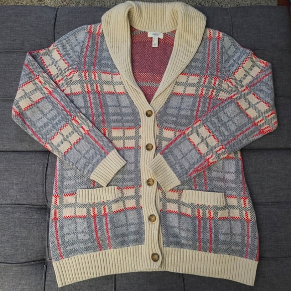 Lands End canvas 1963Vl vtg PLAID CARDIGAN SWEATER SIZE M cotton wool blend euc - Picture 3 of 15